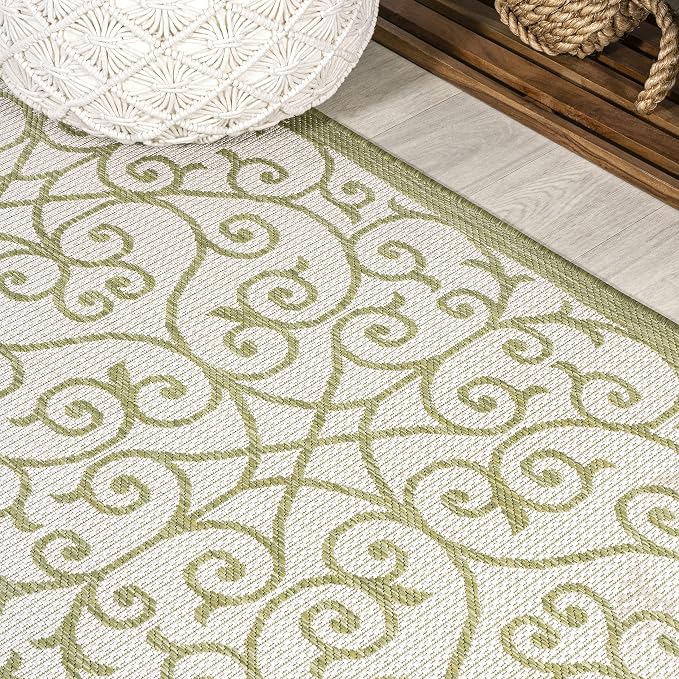 JONATHAN Y Vintage Filigree Indoor Outdoor Round Area Rug 5 Ft Green/Cream, Madrid Textured Weave for Backyard, Patio, Porch, Easy-Cleaning, High Traffic, Pet-Friendly, Non-Shedding (SMB107H-5R)