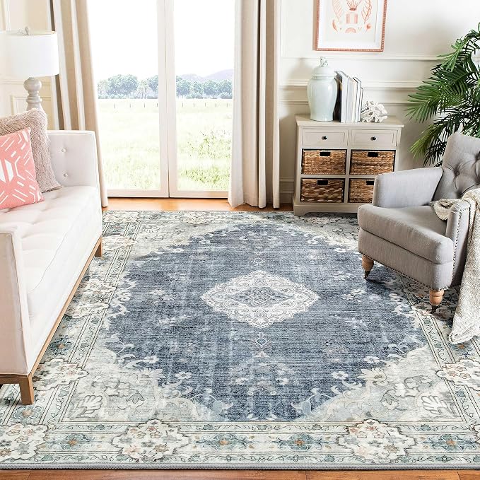 MUJOO 6x9 Area Rugs Washable Rug Non Slip Low-Pile Floral Large | Machine Washable Throw Carpet for Living Room Bedroom Dining Room Soft Indoor Vintage Abstract Flowers Blue and Grey