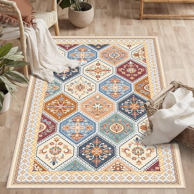 3x5 Washable Rug, Soft Non-Slip Boho Moroccan Rug, Low-Pile Printed Indoor Throw Rugs for Entryway, Kitchen, Bedroom Bedside, Entrance- Multi | Low-Pile Printed Indoor Throw Rugs for Entryway, Kitchen, Bedroom Bedside, Entrance
