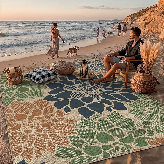 PureCozy 9x12 Easy Jute Outdoor Rug Navy/Organge Floral Textured Indoor Outdoor Area Rug Farmhouse Patio Carpet for Backyard, Patio, Porch, Easy-Cleaning, High Traffic, Pet-Friendly, Non-Shedding