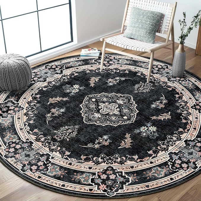 MUJOO Black Round Rug 6ft,Circle Washable Area Rug Non Slip Low-Pile Floral | Large Circular Rugs for Bedroom Living Room Dining Room Boho Throw Carpet Soft Floor Indoor Vintage Bohemian Flowers