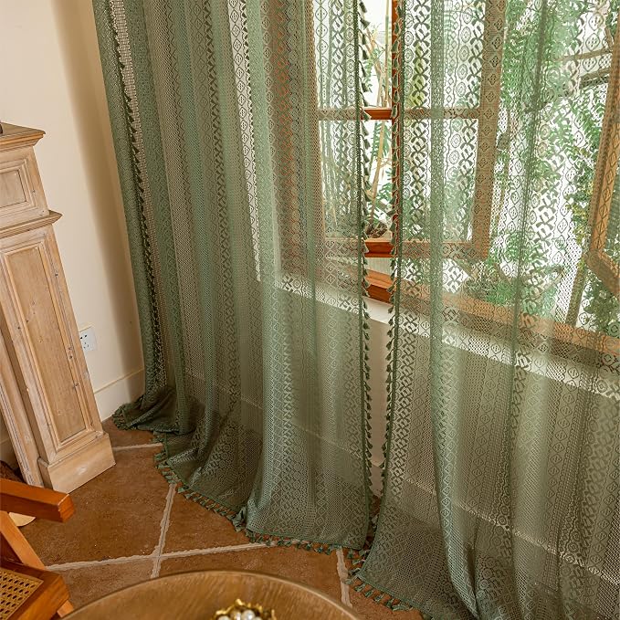 Sutuo Home Boho Lace Sheer Curtains 2 Panels for Bedroom Home Office, French Country Privacy Vintage Chic Drape Tassels Cottage Rustic Geometry Rod Pocket Christmas Decor, 50" x 108" Olive Green