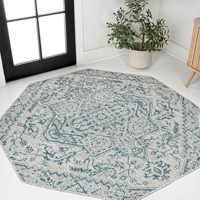 JONATHAN Y Boho Medallion Indoor Outdoor Octagon Area Rug 8 Ft Teal/Gray, Estrella Textured Weave for Backyard, Patio, Porch, Easy-Cleaning, High Traffic, Pet-Friendly, Non-Shedding (SMB105C-8TGN)