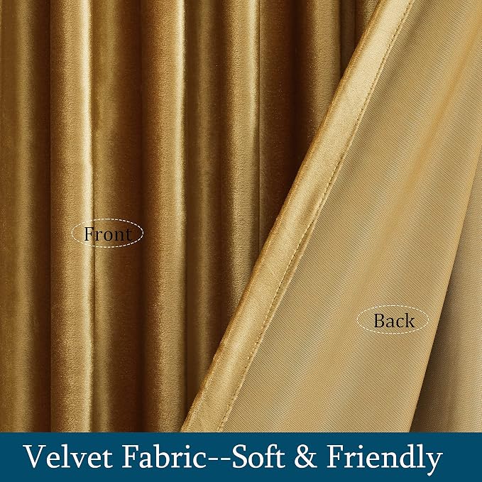 PRIMROSE Golden Velvet Curtains 102 inch Long for Living Room,Set of 2 Panels Blackout Rod Pocket Back Tab Window Treatment Room Darkening Heavy Decorative Curtains Drapes for Bedroom