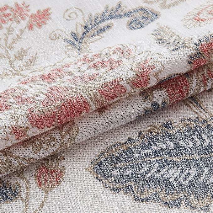 Kayne Studio Navy Red Curtain Panels Linen Textured Botanical Leaf Print Floral Farmhouse Linen Curtain Drapes Light Filtering Window Treatments Living Room Bedroom Rod Pocket Back Tab,52"x102"x2