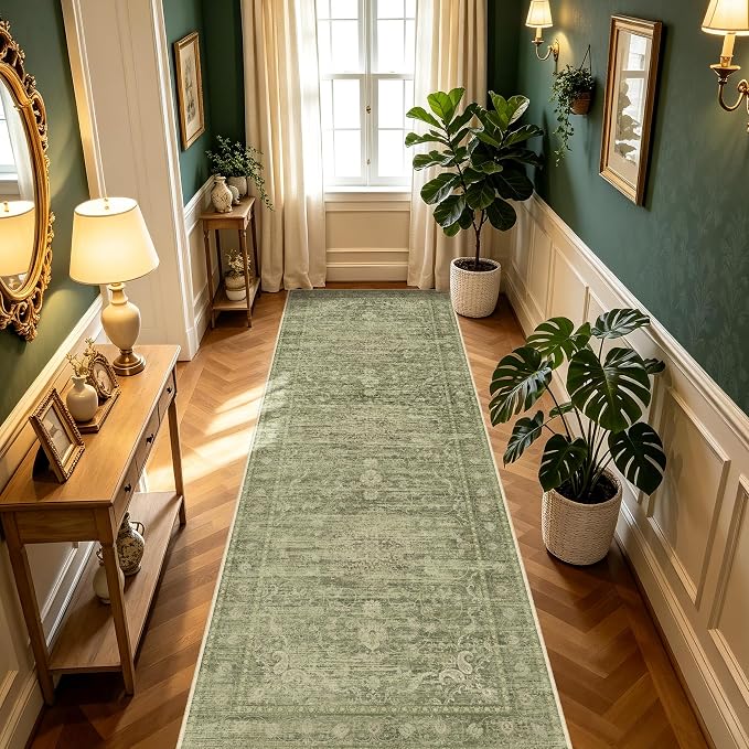 Sage Green Washable Runner Rug 2.6x8, Vintage Carpet Runners for Hallway | TTelephant Medallion Runner Carpet, for Hallways, Bedside, Kitchen, Low Pile Indoor, Non-Slip Silicone Backing, Non-Shedding