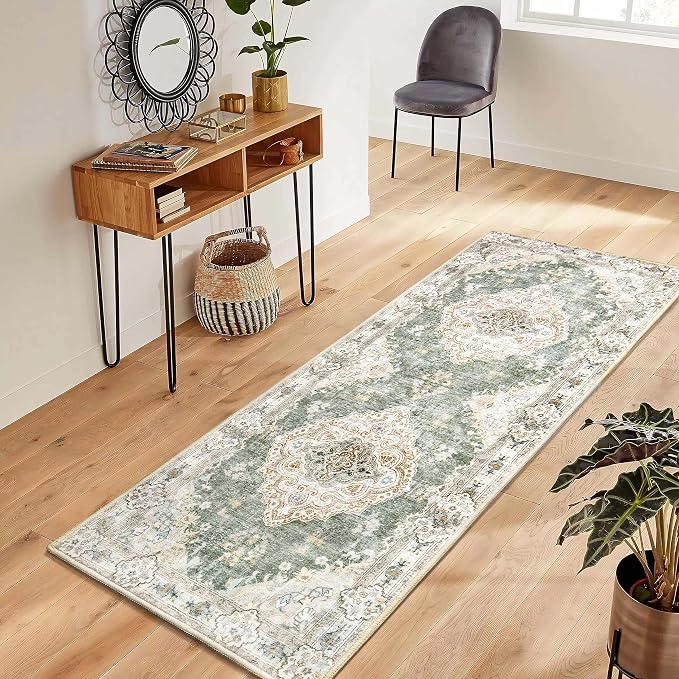 MUJOO Green Runner Rug Washable 2x6 Area Rugs Non Slip Low-Pile Flowers | Long Throw Carpet for Hallways Entryway Kitchen Bathroom Bedside Bedroom Laundry Boho Soft Indoor Retro Floral Sage Green