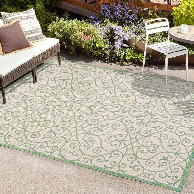 JONATHAN Y Vintage Filigree Indoor Outdoor Area Rug 9X12 Cream/Green, Madrid Textured Weave for Backyard, Patio, Porch, Easy-Cleaning, High Traffic, Pet-Friendly, Non-Shedding (SMB107J-9)