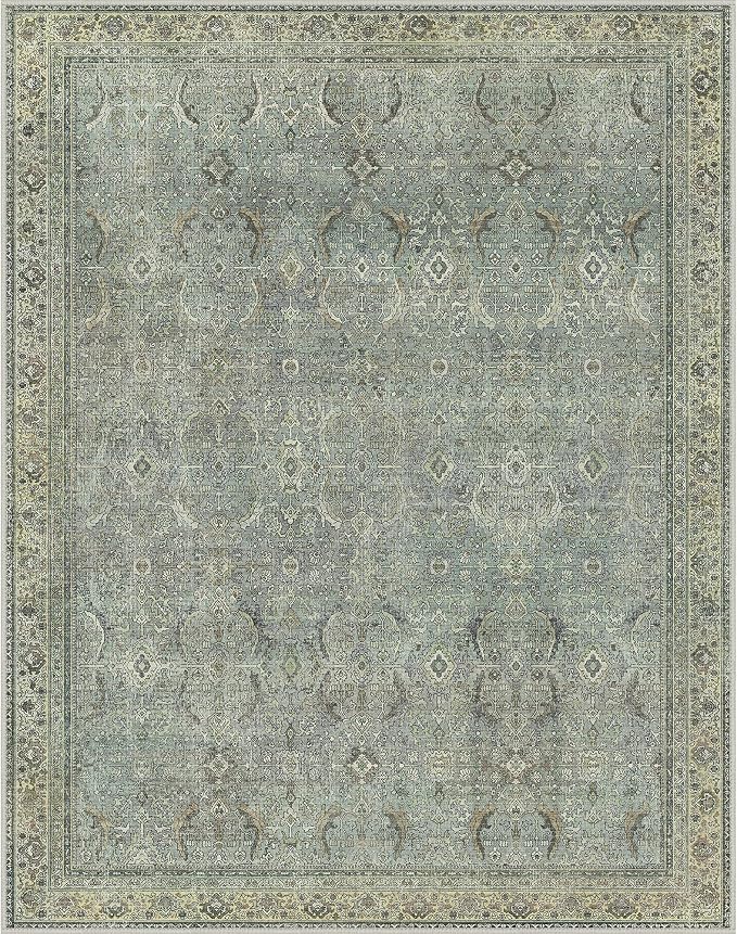 BESBLEE 8X10 Area Rugs Machine Washable Rugs for Living Room, Vintage Boho Large Rugs for Bedroom Dining Room, Non Slip Indoor Soft Distressed Lightweight Thin Low Pile Carpet, Dusty Ocean