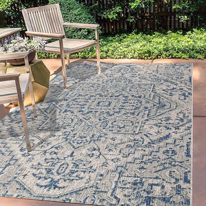 JONATHAN Y Boho Medallion Indoor Outdoor Area Rug 8X10 Navy/Gray, Estrella Textured Weave for Backyard, Patio, Porch, Easy-Cleaning, High Traffic, Pet-Friendly, Non-Shedding (SMB105B-8)