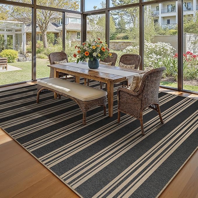 PureCozy Outdoor Rug 5x7 Washable Striped Jute Look Non Slip Carpet | Black and Tan Stripe Farmhouse Style, Indoor Outdoor Area Rug for Patio, Living Room, Dining Room, Non Shedding, Neutral Rugs