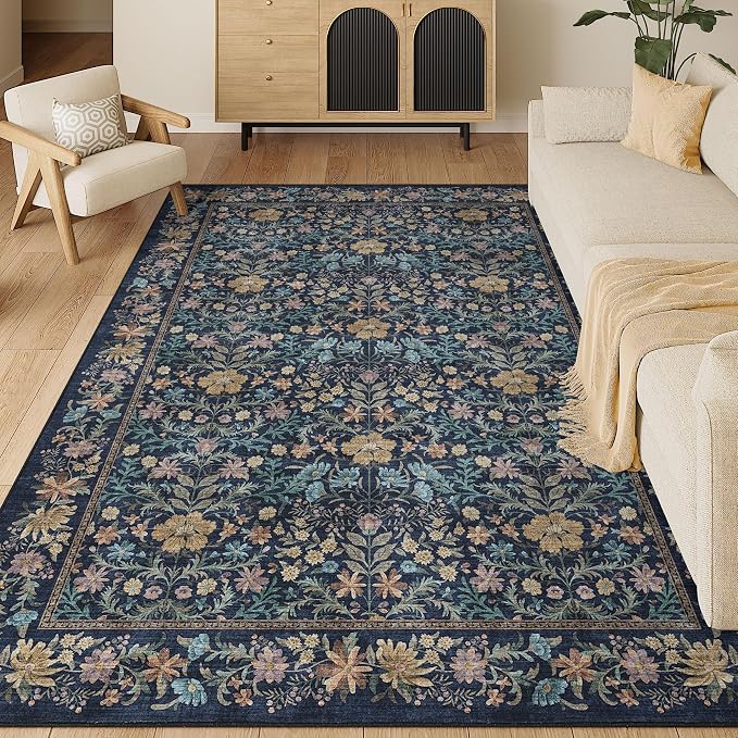 DUKINO 5x7 Area Rugs, Vintage Floral Washable Rug for Living Room Dark Blue | Non Slip, Low Pile, Soft, Lightweight, Boho Indoor Carpet for Bedroom, Office, Dining Room, Dorm Room, Farmhouse, Home Decor