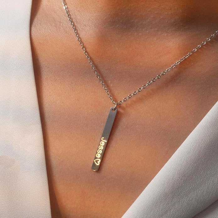Personalized Vertical Bar Name Necklace, Custom Engraved His and Hers Couples Pendant in Old English Cursive or Block Script, 16K Gold Silver Plated Stainless Steel, Anniversary Birthday Gift