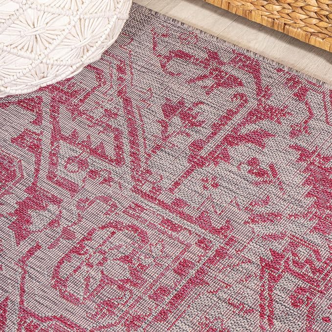 JONATHAN Y Boho Medallion Indoor Outdoor Runner Rug 2X10 Light Gray/Fuchsia, Estrella Textured Weave for Backyard, Patio, Porch, Easy-Cleaning, High Traffic, Pet-Friendly, Non-Shedding (SMB105F-210)