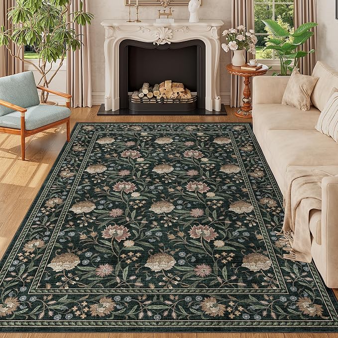 DUKINO 5x7 Area Rug, Vintage Floral Washable Rug for Living Room Dark Green | Non Slip, Low Pile, Non-Shedding, Stain Resistant Lightweight Boho Soft Carpet for Bedroom Home Office Dining Room Farmhouse