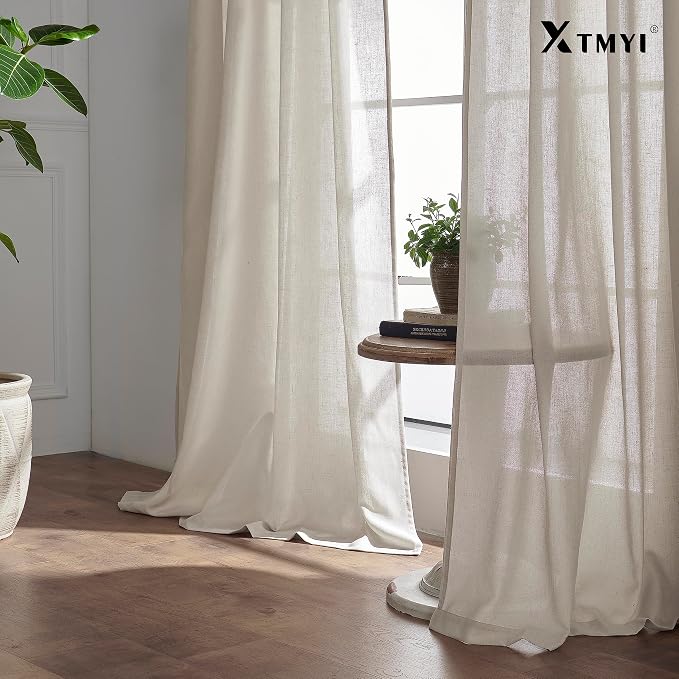 XTMYI Country Curtains for Living Room,Sheer Linen Shabby Chic Curtains for Bedroom 70 Inches Wide 84 Inches Long Oatmeal