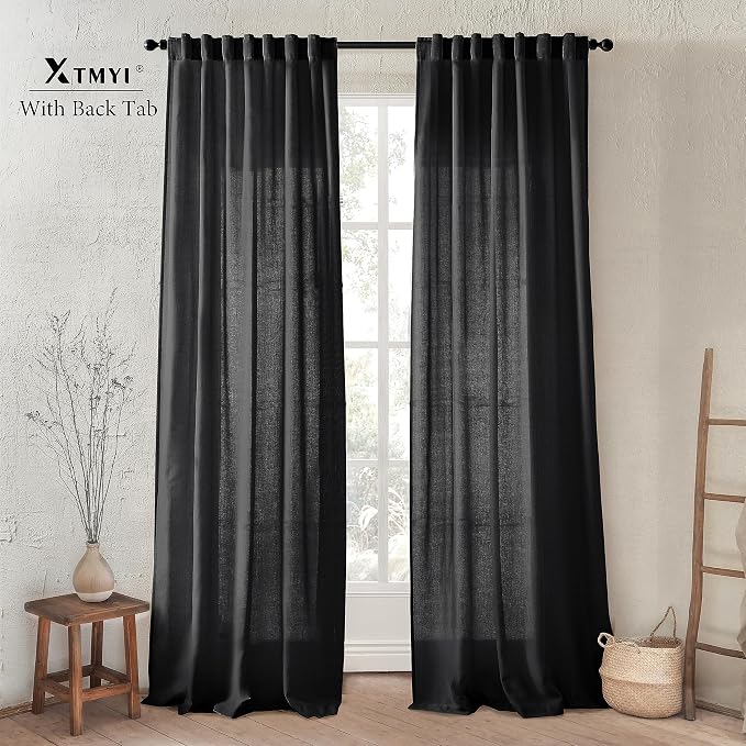 XTMYI Black Linen Curtains 84 Inches Long for Bedroom, Back Tab Pleated Semi Sheer Privacy Light Filtering Boho Window Drapes for Living Room, 84 Length 2 Panels Set