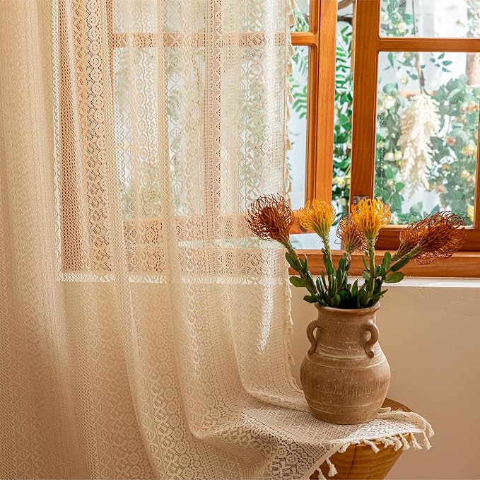 Sutuo Home Beige Boho Lace Curtains 72 inches Long for Nursery Bedroom, Sheer Curtains Privacy Crochet Light Filtering Vintage Tassels Bohemian Window Treatments Geometry Rod Pocket, 2 Panels 50" W