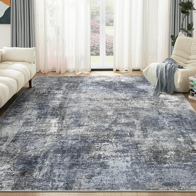 Abstract 6x9 Area Rug: Machine Washable Non Slip Ultra Thin Low-Pile Carpet, Soft Stain Resistant for Living Room Bedroom Nursery, Kid Pet Friendly, Robot Vacuum Compatible - Dark Grey/Blue