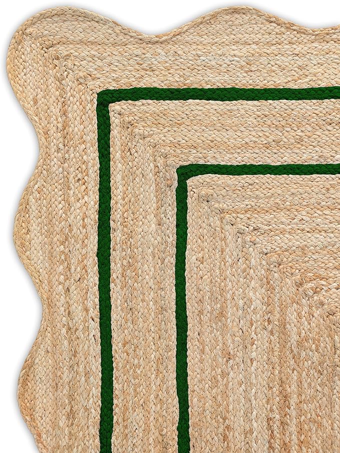 Wave Scalloped Natural Jute Rug Boho Jute Rug Entryway Runner Rug Farmhouse Scallop Rug, Green (2'6"x12')