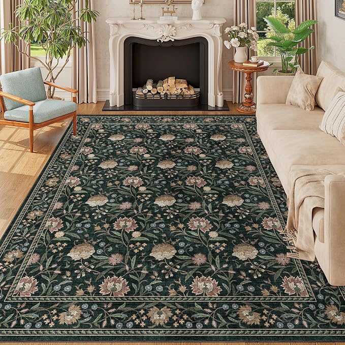 DUKINO 8x10 Area Rug Vintage Floral Washable Rug for Living Room Dark Green | Non Slip, Low Pile, Non-Shedding, Stain Resistant Boho Soft Indoor Large Carpet for Bedroom Dining Room Farmhouse, Home Decor