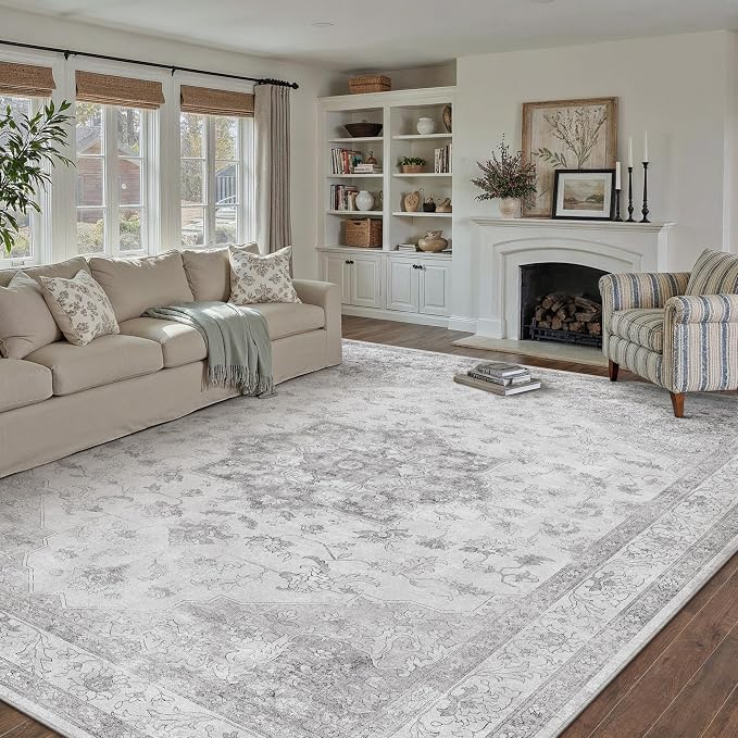 PureCozy Grey Gray Area Rug 8x10 Washable Vintage Carpet for Living Room Bedroom Large Soft Retro Low Pile Thin Indoor Rug Non Slip Oriental Medallion Floor Cover for Dining Room Office