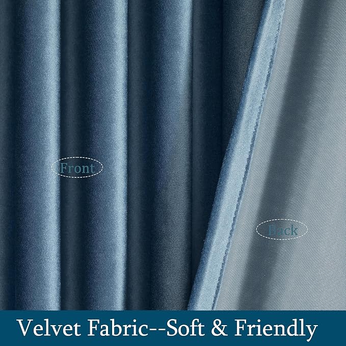 PRIMROSE Velvet Curtains 102 inch Long for Living Room,Set of 2 Panels Stone Grayish Blue Blackout Rod Pocket Back Tab Window Treatment Room Darkening Heavy Decorative Curtains Drapes for Bedroom