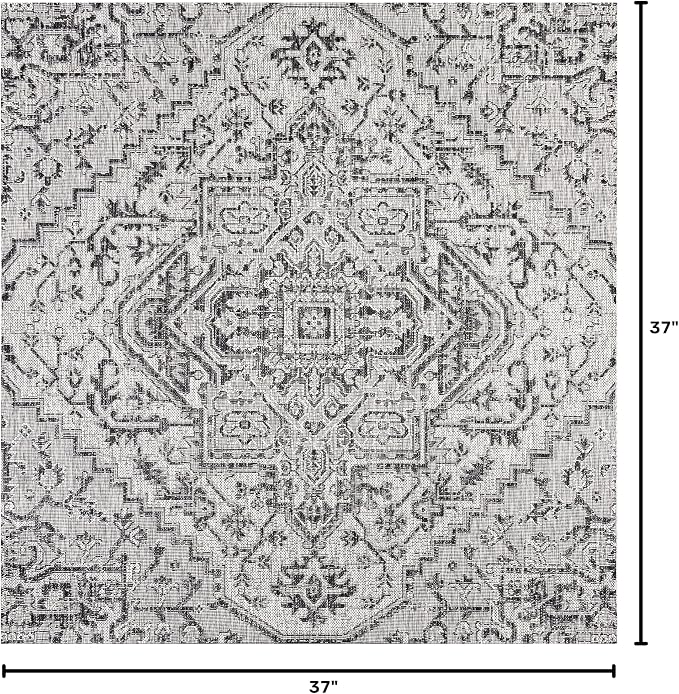 JONATHAN Y Boho Medallion Indoor Outdoor Square Area Rug 3X3 Black/Gray, Estrella Textured Weave for Backyard, Patio, Porch, Easy-Cleaning, High Traffic, Pet-Friendly, Non-Shedding (SMB105D-3SQ)