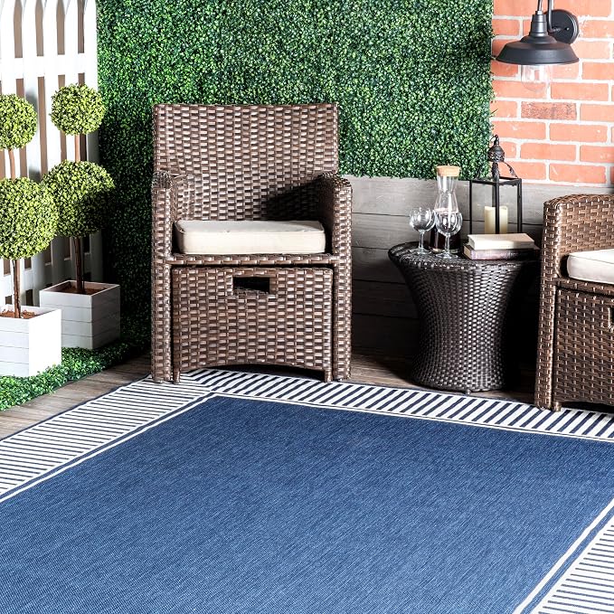 Nuloom Asha Navy/Ivory, 2' x 6', Casual, Striped Border, Soft and Cozy, High Traffic, Easy Clean, Durable Runner for Indoor/Outdoor Patio, Deck, Porch, Garden, Courtyard