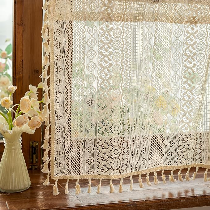 Sutuo Home Beige Boho Short Curtains for Kitchen Window Curtains Over Sink,Sheer Lace Crochet Bohemian Valance Privacy Vintage Chic Tassels Rustic Small Window Decor Rod Pocket,2 Panels 50" W x 18" L