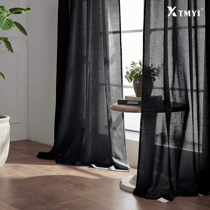 XTMYI Black Linen Curtains 84 Inches Long for Bedroom, Back Tab Pleated Semi Sheer Privacy Light Filtering Boho Window Drapes for Living Room, 84 Length 2 Panels Set