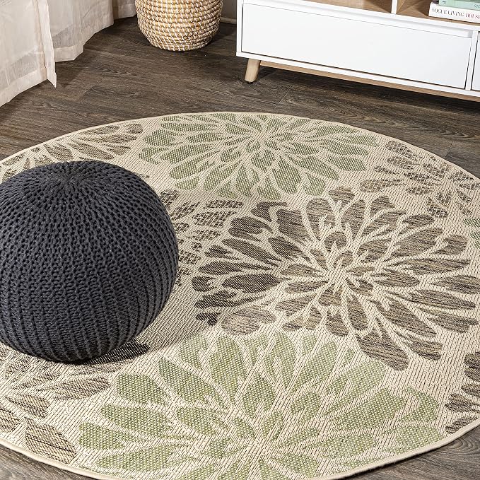 JONATHAN Y Floral Textured Weave Indoor Outdoor Round Area Rug 6 Ft Sage/Brown, Zinnia Modern for Backyard, Patio, Porch, Easy-Cleaning, High Traffic, Pet-Friendly, Non-Shedding (SMB110A-6R)
