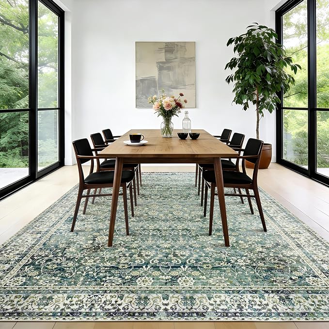 Dark Green Area Rugs 8x10 for Living Room Washable Non Slip Low Pile Blue and Green Rug Boho Vintage Floral Distressed Indoor Large Carpet for Bedroom Under Bed Dining Room Under Table 8 x 10,Teal