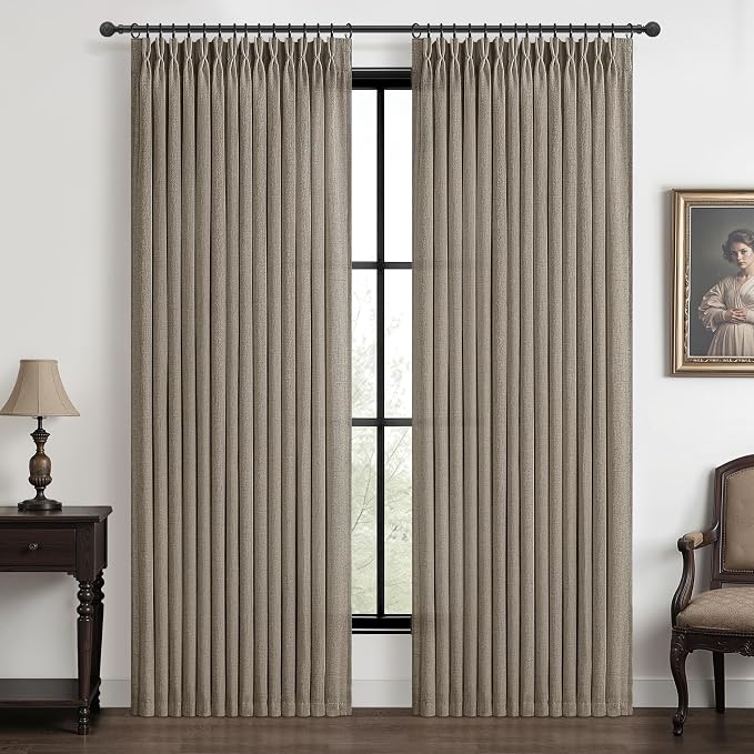 Pinch Pleated Extra Wide Bedroom Curtains 70 x 84 Inches Long 2 Panels Set, Memory Trained Dark Flax Linen Blend Semi Sheer Farmhouse Light Filtering Privacy Windows Drapes for Living Room 7 FT Length