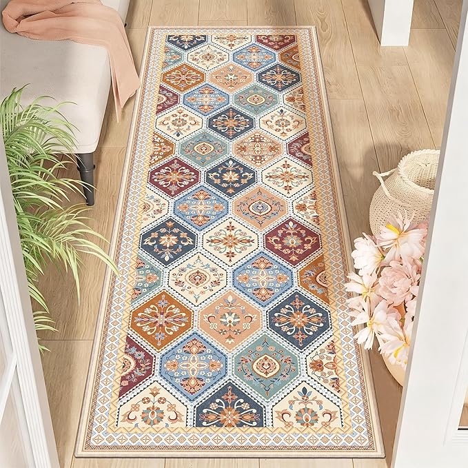 2x6 Runner Rug, Soft Non-Slip Boho Moroccan Rug, Low-Pile Printed Indoor Runners for Entryway, Hallways, Kitchen, Laundry Room, Bedside- Multi | Low-Pile Printed Indoor Runners for Entryway, Hallways, Kitchen, Laundry Room, Bedside