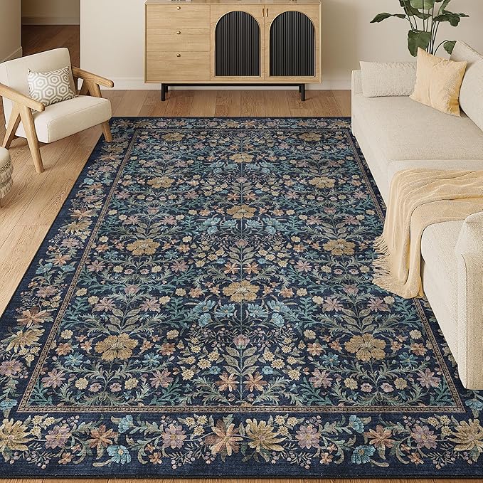 DUKINO 6x9 Area Rug, Vintage Floral Washable Rugs for Living Room Dark Blue | Non Slip, Low Pile, Non-Shedding, Soft Indoor Large Carpet for Bedroom, Office, Dining Room, Farmhouse, Nursery, Home Decor