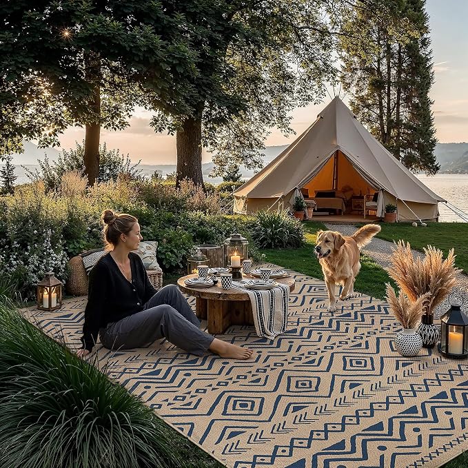 PureCozy 5x7 Easy Jute Outdoor Rug Blue Boho Indoor Outdoor Area Rug Farmhouse Patio Carpet for Backyard, Patio, Porch, Living Room， Easy-Cleaning, High Traffic, Pet-Friendly, Non-Shedding