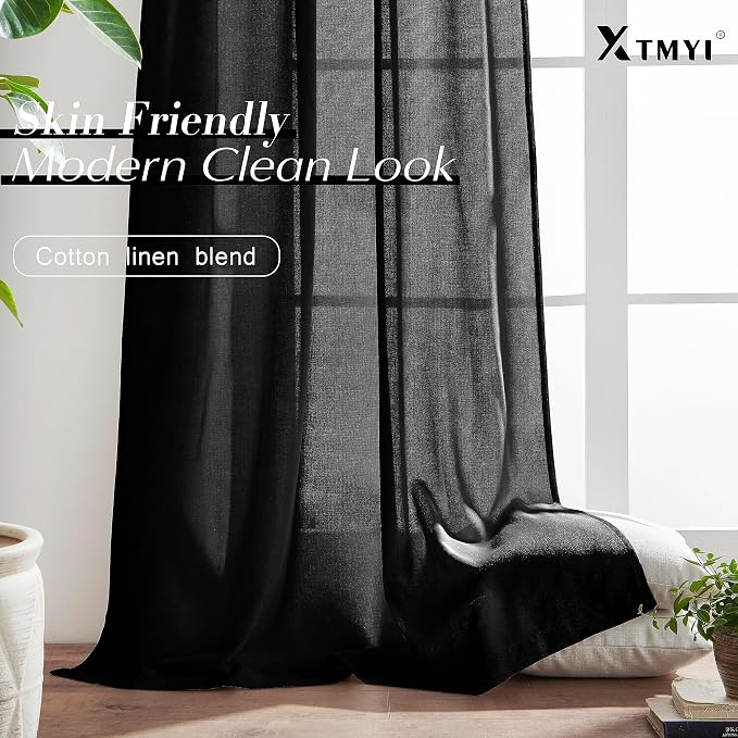 XTMYI Back Tab/Hook Belt Linen Cotton Sheer Curtains for Bedroom,2 Panels,102 Inch Length,Black 50 Inch Wide