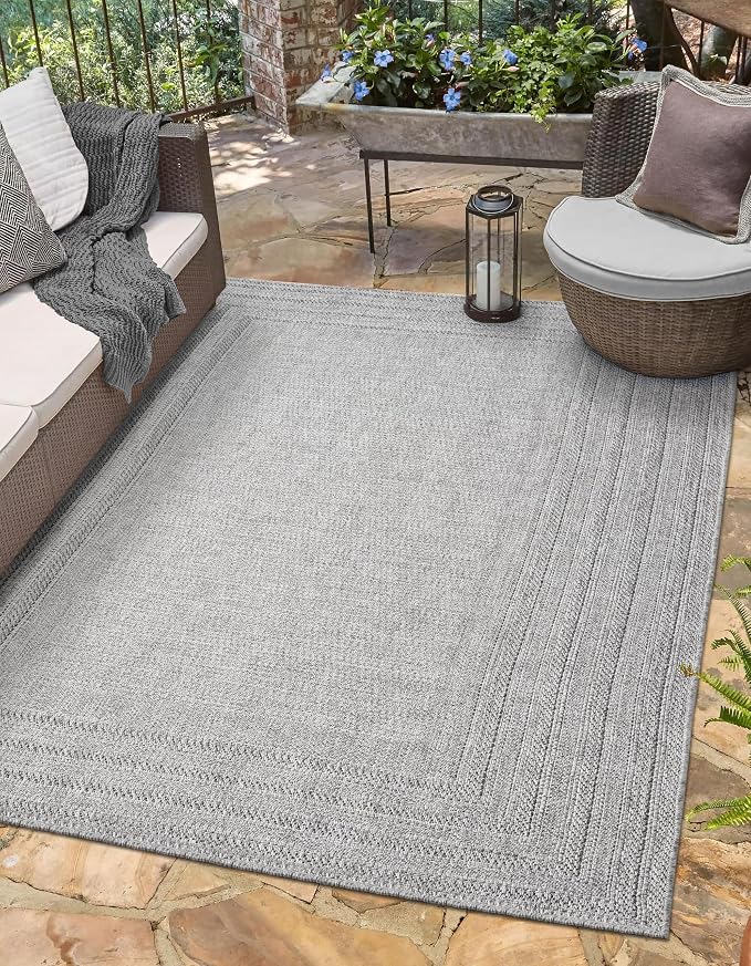 Berry Easy Jute Indoor Outdoor Rug, 4x6 Neutral Bordered Jute Look, Weather Resistant, Easy Care, Lightweight Outdoor Farmhouse Carpet for Patio, Porch, Living Room (4' x 6', Gray)