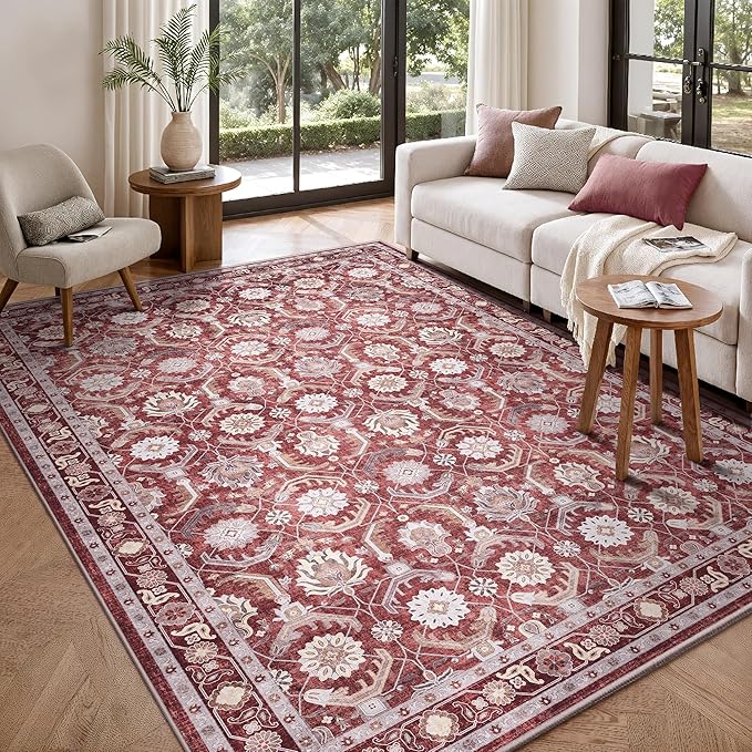 Living Room Rug 6x9, Soft Non Slip Low Pile Washable Rug, Boho Modern Area Rug for Bedroom, Dining Room, Red