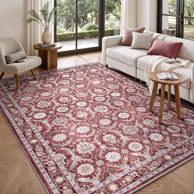 5x7 Area Rugs, Soft Non Slip Low Pile Washable Rug, Boho Modern Rug for Living Room, Bedroom, Dining Room, Red