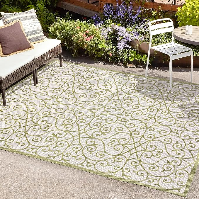 JONATHAN Y Vintage Filigree Indoor Outdoor Area Rug 5X8 Green/Cream, Madrid Textured Weave for Backyard, Patio, Porch, Easy-Cleaning, High Traffic, Pet-Friendly, Non-Shedding (SMB107H-5)