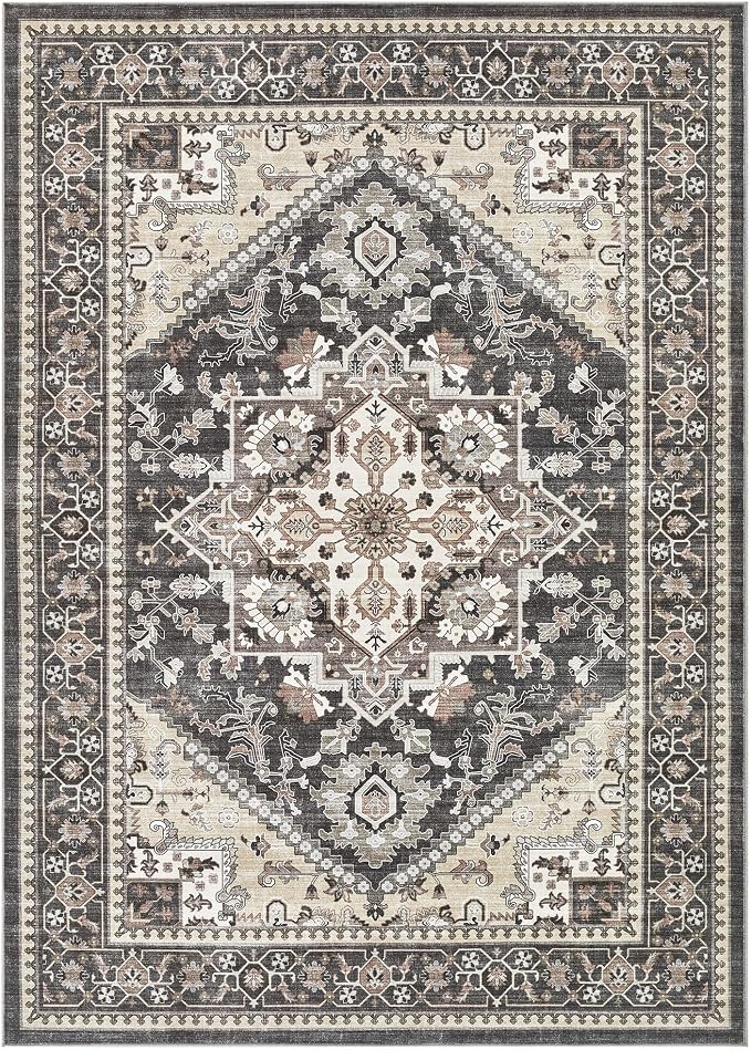 9x12 Vintage Area Rug: Washable Neutral Soft Non Slip Thin Large Floor Carpet for Living Room Bedroom Kitchen Dining Room Home Office Farmhouse Indoor - Black