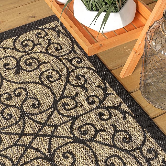 JONATHAN Y Vintage Filigree Indoor Outdoor Area Rug 6X9 Black/Khaki, Madrid Textured Weave for Backyard, Patio, Porch, Easy-Cleaning, High Traffic, Pet-Friendly, Non-Shedding (SMB107A-6)