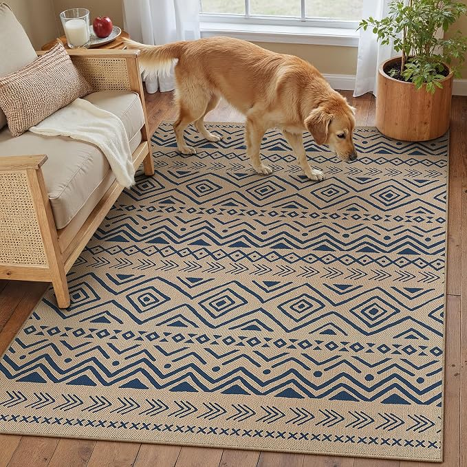 PureCozy 4x6 Easy Jute Outdoor Rug Blue Boho Indoor Outdoor Area Rug Farmhouse Patio Carpet for Backyard, Patio, Porch, Living Room，Easy-Cleaning, High Traffic, Pet-Friendly, Non-Shedding