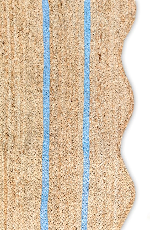 Wave Scalloped Natural Jute Runner, Sky Blue (2'x10'): Boho Farmhouse Entryway Scallop Rug
