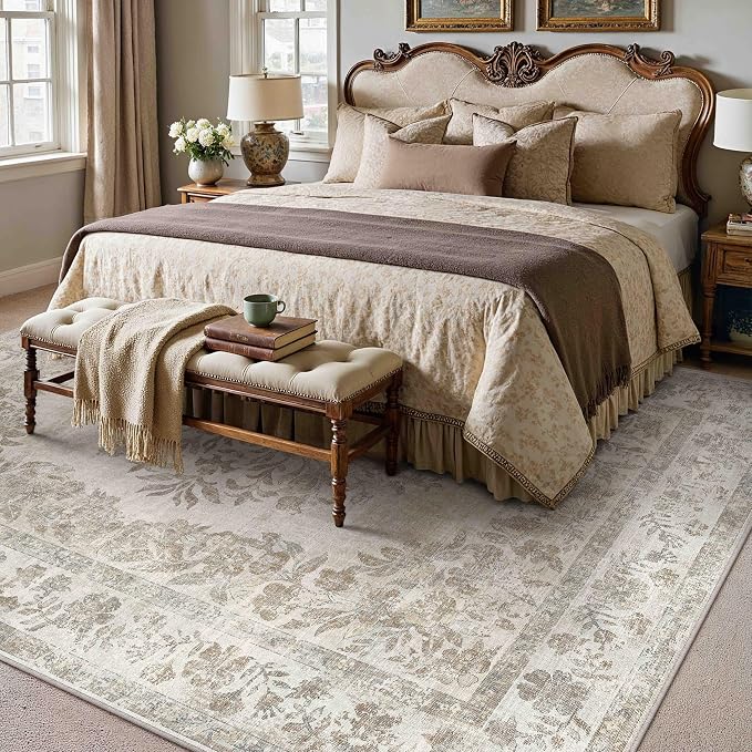 PureCozy 7x9 Area Rug Beige Washable Vintage Distressed Living Room Carpet Large Bedroom Indoor Medallion Floral Non Slip Retro Throw Floor Mat for Office Dining Room Kitchen Bathroom