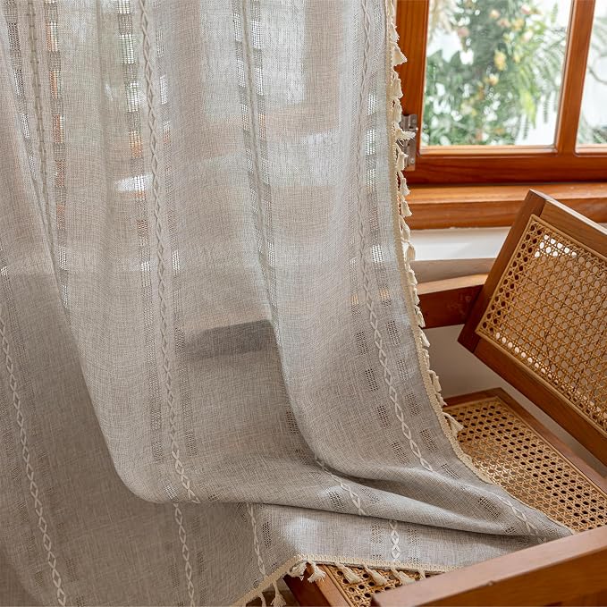 Light Gray Boho Sheer Curtains 72 inches Long 2 Panels for Bedroom, Light filtering Semi Sheer Bohemian French Country Privacy Tassels Vintage Chic Embroidery Stripes Window Curtains Back Tab, 50" W