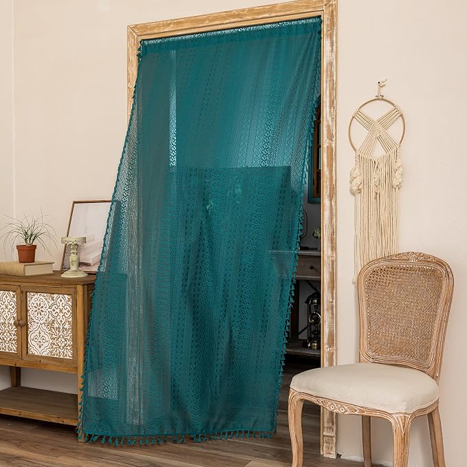 Sutuo Home Boho Sheer Doorway Curtain for Doorway Closet, Lace Door Curtain for Patio Front Door Crochet Vintage Tassels Bohemian Privacy Temporary Room Divider Rod Pocket,1 Panel 37" x 80" Teal