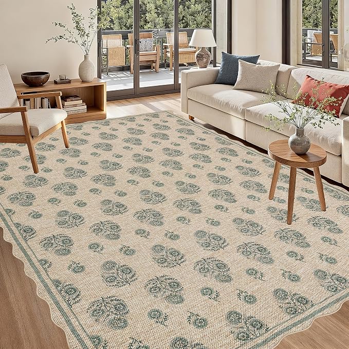 ORTIGIA Scalloped Easy Jute 5x7 Area Rug Vintage Green Floral Accent Farmhouse Washable Rug Non-Slip Indoor Outdoor Carpet for Living Room Bedroom Patio Entryway